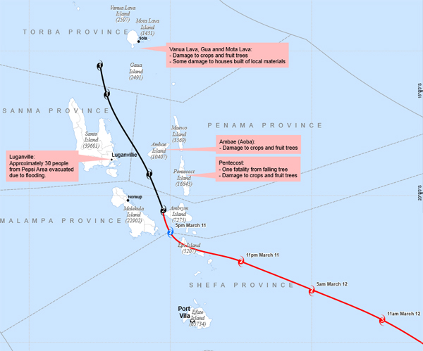 Tropical Cyclone Lusi - The red line denotes forecasted locations. Map by OCHA. Click the map to see the full version at phtpacific.org