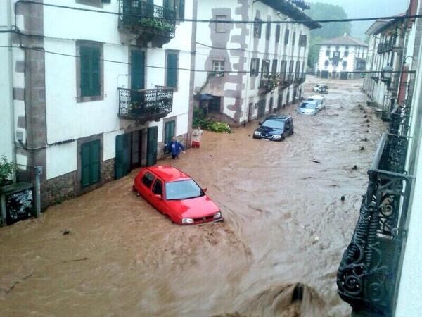 Flooded streets of Elizondo, Navarra, Spain