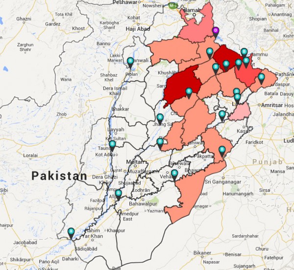 Map of the affected areas in Punjab. Map shows areas where most houses have been destroyed or damaged. Image: Punjab Government