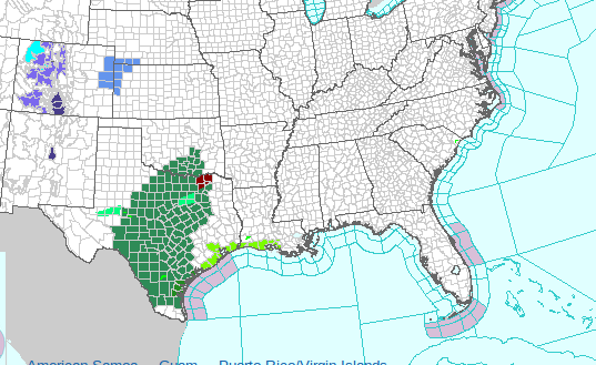Flood and flash flood watches shown in green. Image: NWS