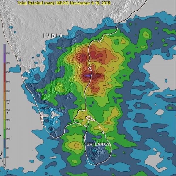 An analysis of rainfall data from Nov. 9 to 16, 2015 showed up to 550 mm (21.7 inches) of rain drenched India's southeastern coast in the state of Tamil Nadu. Over 200 mm (7.9 inches) fell in large areas of southeastern India and northern Sri Lanka. Credit Credits: NASA/JAXA/Hal Pierce