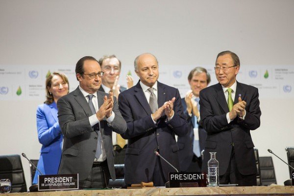 Francois Hollande, President of France, Lauren Fabius, President of COP21/CMP11 and UN Secretary General Ban Ki-moon open the Comité de Paris meeting in the morning of 12 December 2015. Photo: UNFCCC, under Creative Commons