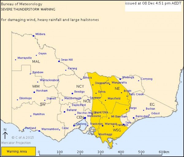 Sever weather warning for parts of Victoria, Australia, 08 December 2015. Image: BoM