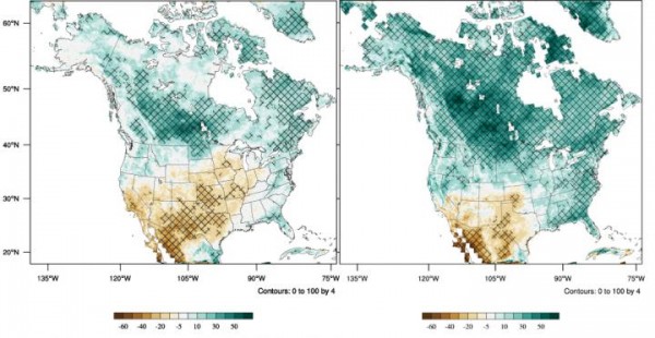 What might precipitation over the US look like in 2094? Two Argonne researchers ran the highest-resolution climate forecast ever done for North America -- dividing the continent into squares 12 km at a side. These two sample maps show different scenarios to project how much more (green) or less (brown) it would rain in a ten-year period at the end of the century versus how much it rained in 1995-2004. (Crosshatching indicates statistically significant changes.) Images courtesy Jiali Wang & Rao Kotamarthi / Argonne National Laboratory.