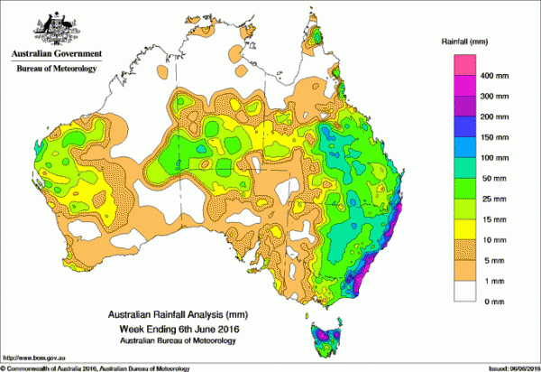 Rainfall amounts in Australia for 7 days to 06 June 2016. Image: BoM