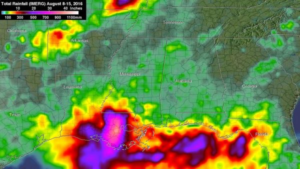 NASA's IMERG data from Aug. 8 to Aug. 15, 2016 showed over 20 inches (508 mm) of rainfall was estimated in large areas of southeastern Louisiana and extreme southern Mississippi. Even greater rainfall totals of 30 inches (762 mm) were indicated in a small area of Louisiana west of Lake Pontchartrain. Credits: NASA/JAXA, Hal Pierce