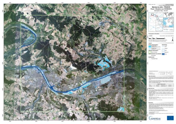 Flood delineation map, Mantes-la-Jolie, France. Copernicus Emergency Management Service (© 2016 European Union), [EMSR165] Mantes-la-Jolie: Delineation Map, Monitoring 1
