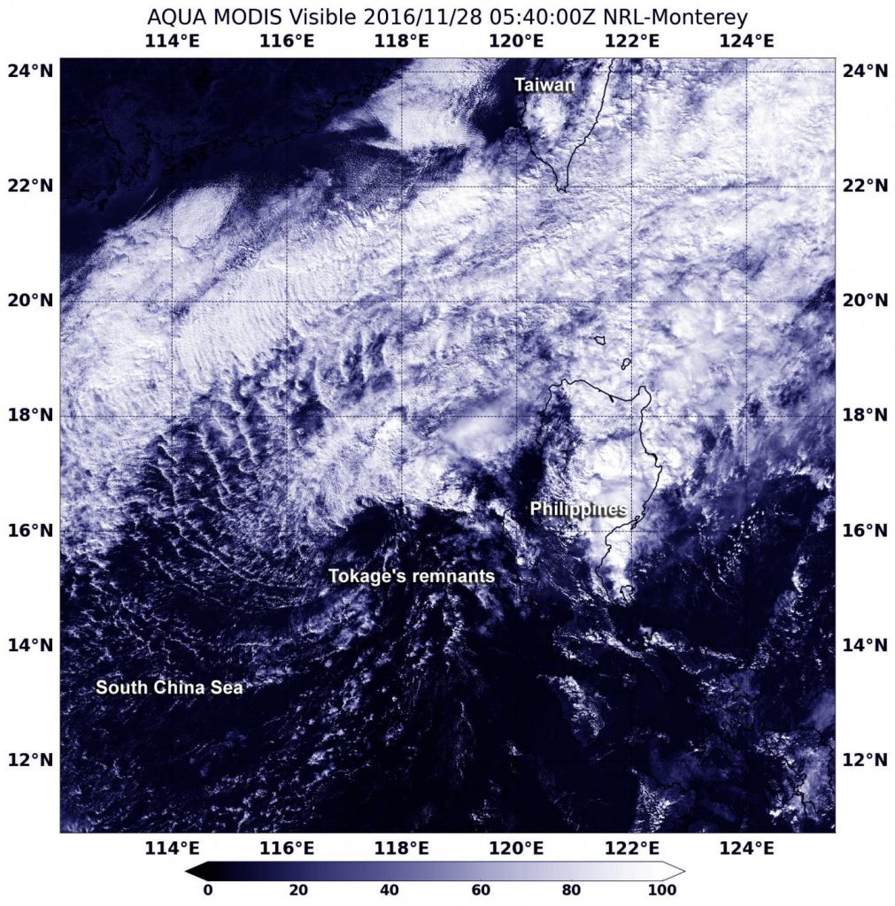  Caption NASA's Aqua satellite captured a visible image of Tokage's remnants in the South China Sea on Nov. 28 at 1240 a.m. EST (540 UTC). Credit: NASA Goddard MODIS Rapid Response Team 