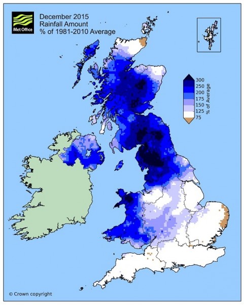 A map of rainfall across the UK in December 2015, with some areas recording a more than 300% increase compared to the long term average. Source: Met Office.